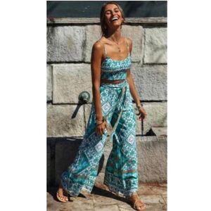 🦋 MINT BLUE BOHO WIDE LEG CROP TOP 2-PIECE!